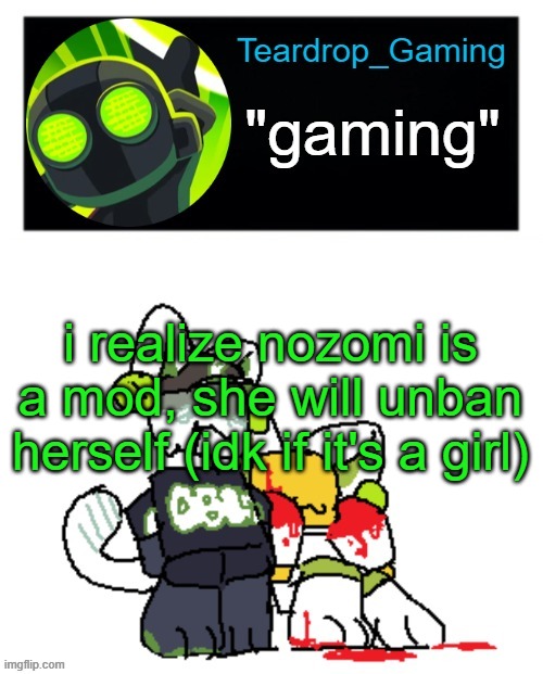 Teardrop_Gaming template | i realize nozomi is a mod, she will unban herself (idk if it's a girl) | image tagged in teardrop_gaming template | made w/ Imgflip meme maker