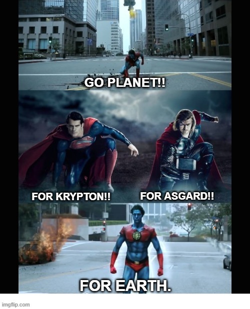 Captain Planet VS Superman & Thor For Which Planets? | GO PLANET!! FOR ASGARD!! FOR KRYPTON!! FOR EARTH. | image tagged in captain planet vs superman thor,captain planet,superman,thor | made w/ Imgflip meme maker