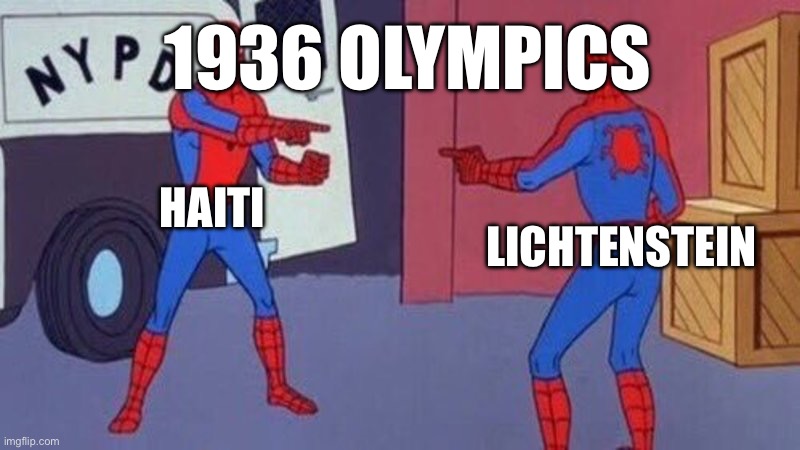 They had the same flag | 1936 OLYMPICS; HAITI; LICHTENSTEIN | image tagged in spiderman pointing at spiderman,geography | made w/ Imgflip meme maker