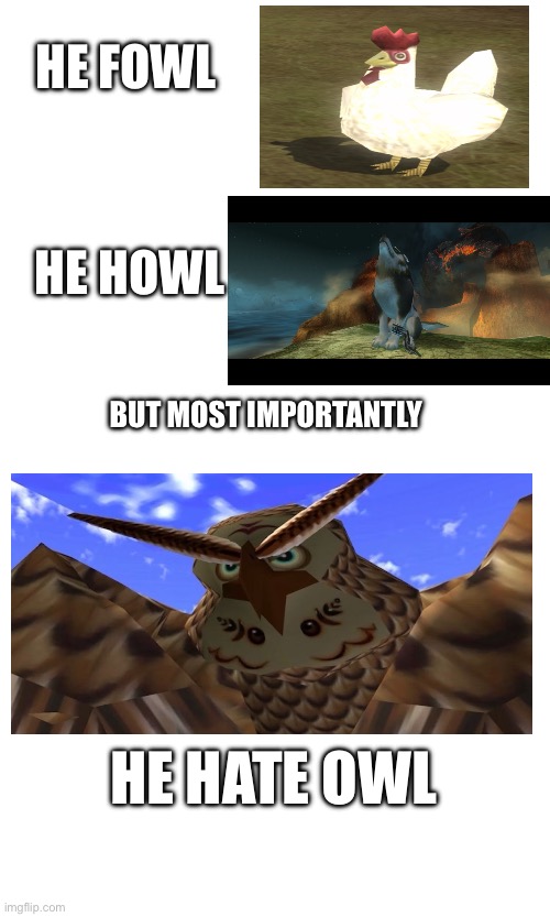 Owl | HE FOWL; HE HOWL; BUT MOST IMPORTANTLY; HE HATE OWL | image tagged in funny | made w/ Imgflip meme maker