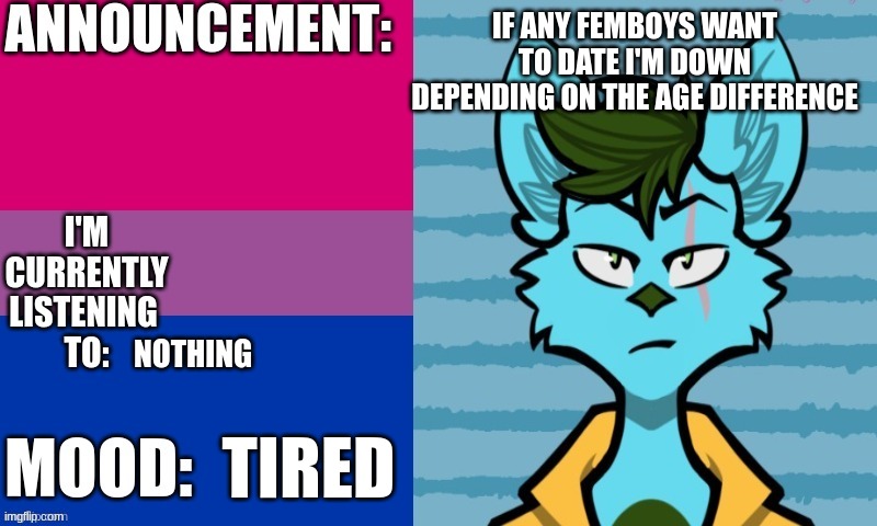 i'm 14 i would prefer somebody 14-16 | IF ANY FEMBOYS WANT TO DATE I'M DOWN DEPENDING ON THE AGE DIFFERENCE; NOTHING; TIRED | image tagged in his_kings announcement template | made w/ Imgflip meme maker