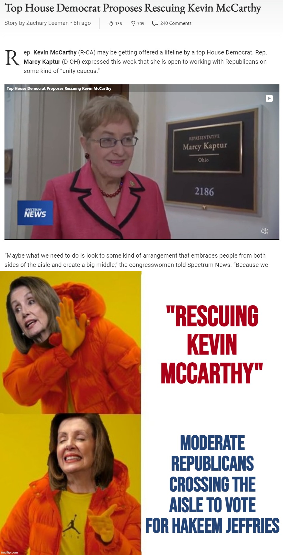Um, no. There is only one party fit at this point to lead the United States. Moderate Democrats owe nothing to a Trump toadstool | "RESCUING KEVIN MCCARTHY"; MODERATE REPUBLICANS CROSSING THE AISLE TO VOTE FOR HAKEEM JEFFRIES | image tagged in rescue kevin mccarthy,drake hotline bling | made w/ Imgflip meme maker