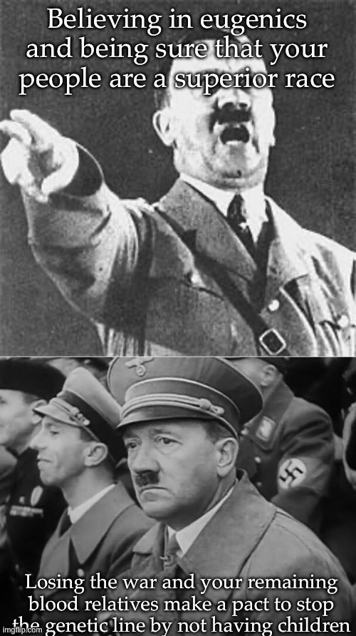 Hitler’s lack of descendants | Believing in eugenics and being sure that your people are a superior race; Losing the war and your remaining blood relatives make a pact to stop the genetic line by not having children | image tagged in hitler,sad hitler,hisler,haessler,heirs,signature look of superiority | made w/ Imgflip meme maker