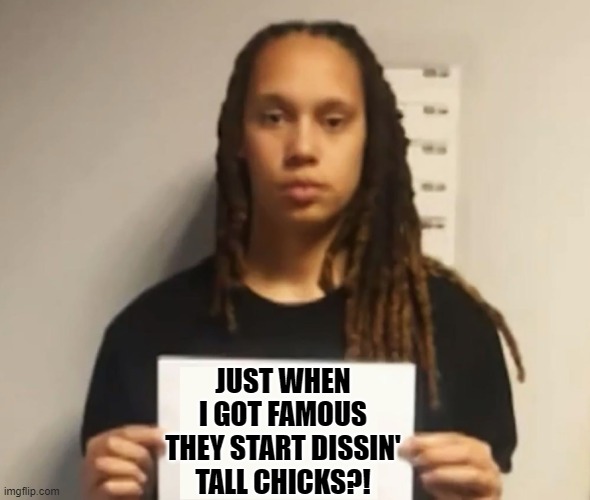 Brittney Griner | JUST WHEN I GOT FAMOUS THEY START DISSIN' TALL CHICKS?! | image tagged in brittney griner | made w/ Imgflip meme maker