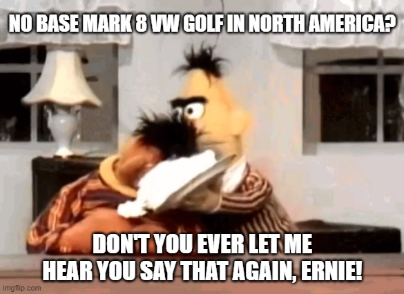 Ernie and Bert and a Cream Pie Mark 8 Golf | NO BASE MARK 8 VW GOLF IN NORTH AMERICA? DON'T YOU EVER LET ME HEAR YOU SAY THAT AGAIN, ERNIE! | image tagged in ernie and bert,cream pie,vw golf,golf 8,bring the base mark 8 golf to north america | made w/ Imgflip meme maker