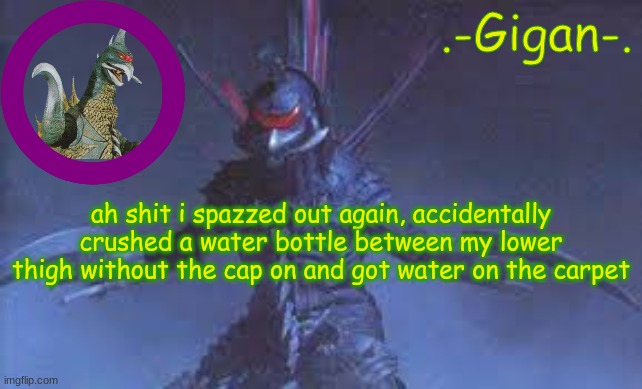 jlijk | ah shit i spazzed out again, accidentally crushed a water bottle between my lower thigh without the cap on and got water on the carpet | made w/ Imgflip meme maker