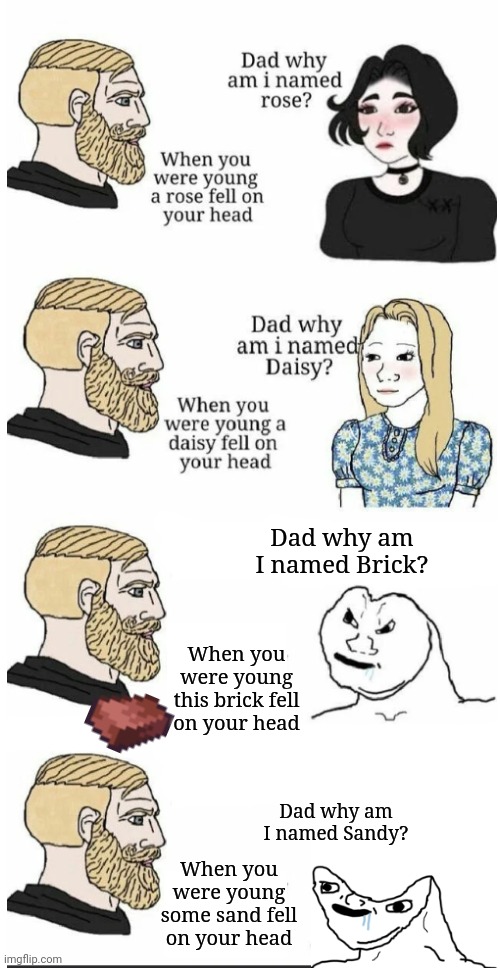 Everything is normal | Dad why am I named Brick? When you were young this brick fell on your head; Dad why am I named Sandy? When you were young some sand fell on your head | image tagged in oh hey brick,memes,true,funny,anti-meme | made w/ Imgflip meme maker