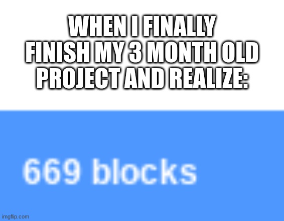 I spent 3 months on this project, and then... | WHEN I FINALLY FINISH MY 3 MONTH OLD PROJECT AND REALIZE: | image tagged in 69,scratch | made w/ Imgflip meme maker