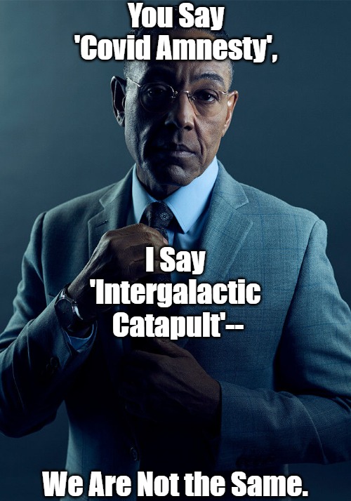 Trust the Crime and Punishment Sciences | You Say 'Covid Amnesty', I Say 
'Intergalactic 
Catapult'--; We Are Not the Same. | image tagged in gus fring we are not the same,covid amnesty,covid crimes,crime and punishment,fair trials and fluffy pillows,evcg | made w/ Imgflip meme maker