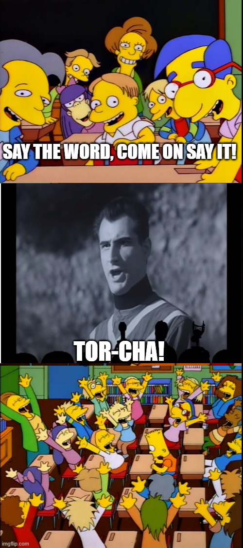 Say the line bart | SAY THE WORD, COME ON SAY IT! TOR-CHA! | image tagged in say the line bart | made w/ Imgflip meme maker