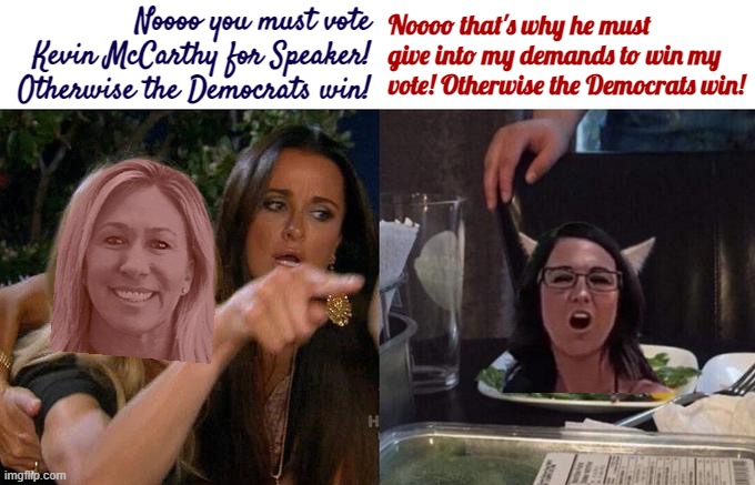 MAGAworld "hardball negotiation tactics": Example | Noooo you must vote Kevin McCarthy for Speaker! Otherwise the Democrats win! Noooo that's why he must give into my demands to win my vote! Otherwise the Democrats win! | image tagged in mtg vs lauren boebert woman yelling at cat | made w/ Imgflip meme maker