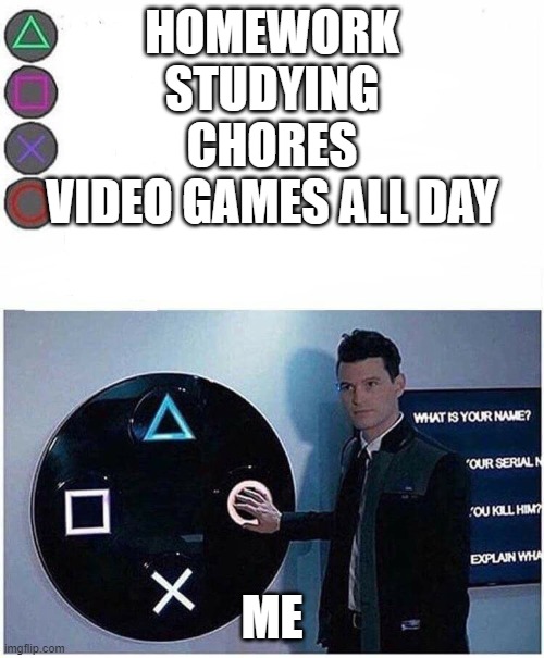 Gaming is my best favorite | HOMEWORK
STUDYING
CHORES
VIDEO GAMES ALL DAY; ME | image tagged in playstation button choices,gaming,video games,best meme,playstation,yep | made w/ Imgflip meme maker