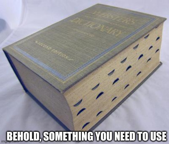 Dictionary | BEHOLD, SOMETHING YOU NEED TO USE | image tagged in dictionary | made w/ Imgflip meme maker