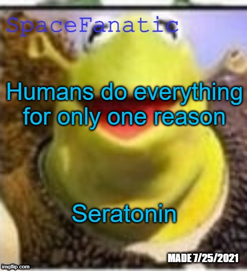 The release of seratonin in our bodies is the only reason any human does anything | Humans do everything for only one reason; Seratonin | image tagged in spacefanatic announcement temp | made w/ Imgflip meme maker