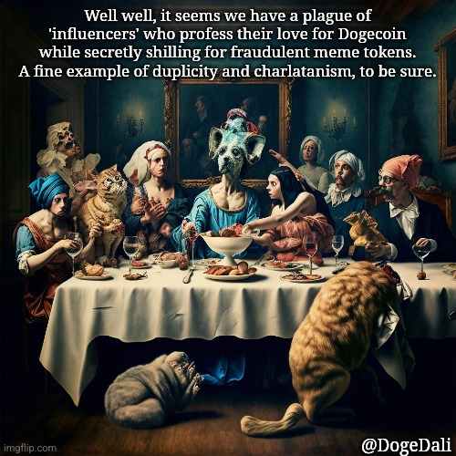The Last Supper for bad twitter influencers | Well well, it seems we have a plague of 'influencers' who profess their love for Dogecoin while secretly shilling for fraudulent meme tokens. A fine example of duplicity and charlatanism, to be sure. @DogeDali | image tagged in doge,dogecoin | made w/ Imgflip meme maker