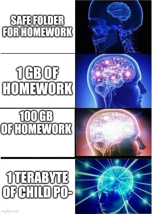 This is a meme dont take this seriously | SAFE FOLDER FOR HOMEWORK; 1 GB OF HOMEWORK; 100 GB OF HOMEWORK; 1 TERABYTE OF CHILD PO- | image tagged in memes,expanding brain | made w/ Imgflip meme maker