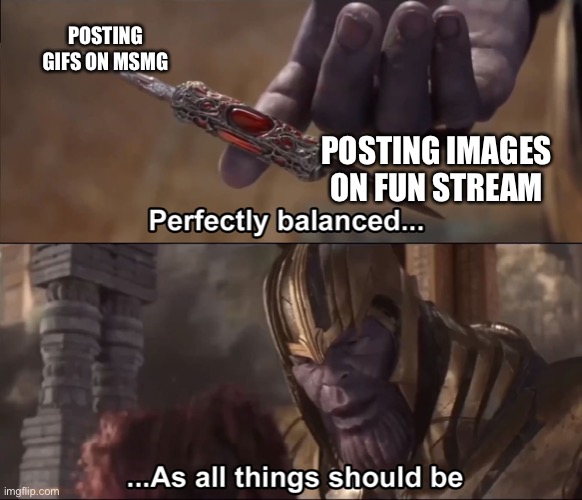 Hehe, my gender is a walmartbag >:) | POSTING GIFS ON MSMG; POSTING IMAGES ON FUN STREAM | image tagged in thanos perfectly balanced as all things should be,funny,memes,imgflip,tag but balanced | made w/ Imgflip meme maker