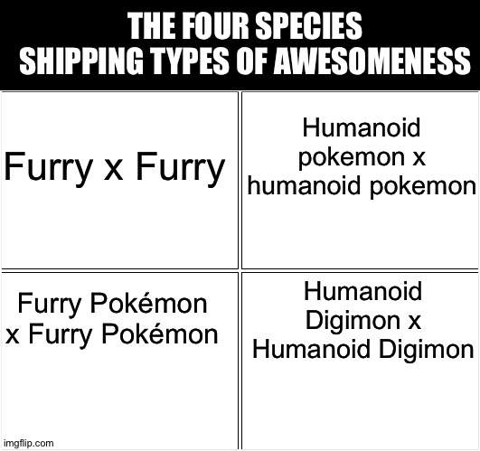 Blank Comic Panel 2x2 | THE FOUR SPECIES SHIPPING TYPES OF AWESOMENESS; Humanoid pokemon x humanoid pokemon; Furry x Furry; Humanoid Digimon x Humanoid Digimon; Furry Pokémon x Furry Pokémon | image tagged in memes,blank comic panel 2x2 | made w/ Imgflip meme maker