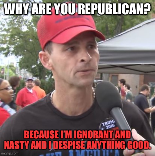 Trump supporter | WHY ARE YOU REPUBLICAN? BECAUSE I’M IGNORANT AND NASTY AND I DESPISE ANYTHING GOOD. | image tagged in trump supporter | made w/ Imgflip meme maker