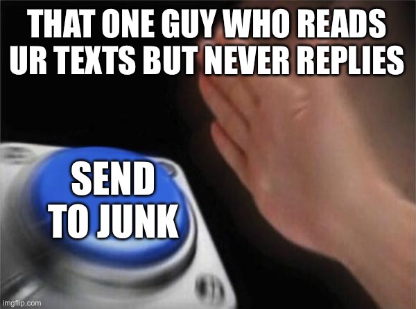 That one guy who never replies | THAT ONE GUY WHO READS UR TEXTS BUT NEVER REPLIES; SEND TO JUNK | image tagged in memes,blank nut button | made w/ Imgflip meme maker