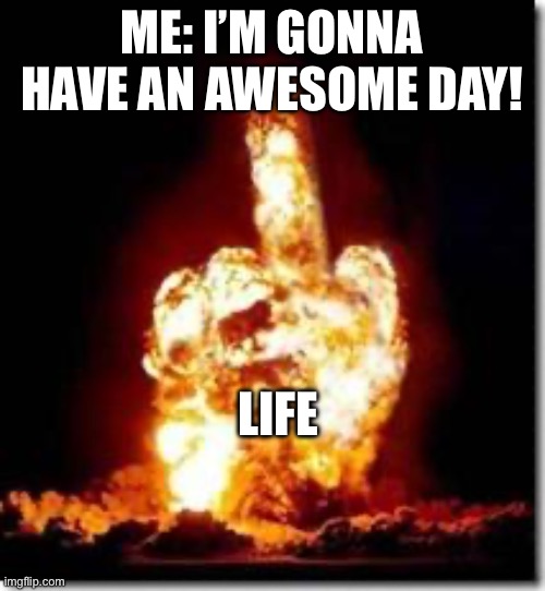 middle finger | ME: I’M GONNA HAVE AN AWESOME DAY! LIFE | image tagged in middle finger,life,oh wow are you actually reading these tags,reality | made w/ Imgflip meme maker