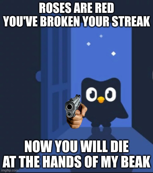 duo | ROSES ARE RED
YOU'VE BROKEN YOUR STREAK; NOW YOU WILL DIE
AT THE HANDS OF MY BEAK | image tagged in duolingo bird | made w/ Imgflip meme maker