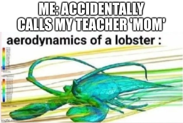 relatable | ME: ACCIDENTALLY CALLS MY TEACHER 'MOM' | image tagged in aerodynamics of a lobster | made w/ Imgflip meme maker