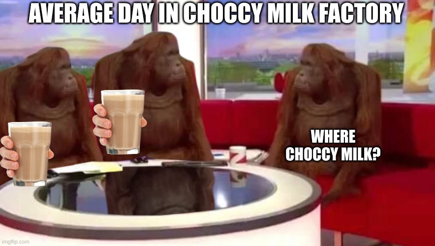 where monkey | AVERAGE DAY IN CHOCCY MILK FACTORY; WHERE CHOCCY MILK? | image tagged in where monkey | made w/ Imgflip meme maker