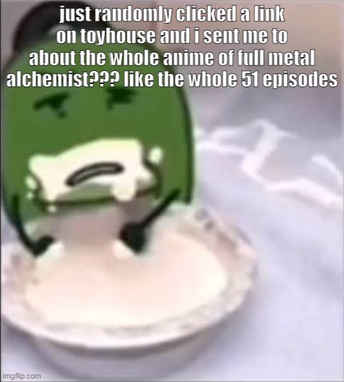 thank you kind stranger on the internet..? | just randomly clicked a link on toyhouse and i sent me to about the whole anime of full metal alchemist??? like the whole 51 episodes | image tagged in liam creampie | made w/ Imgflip meme maker