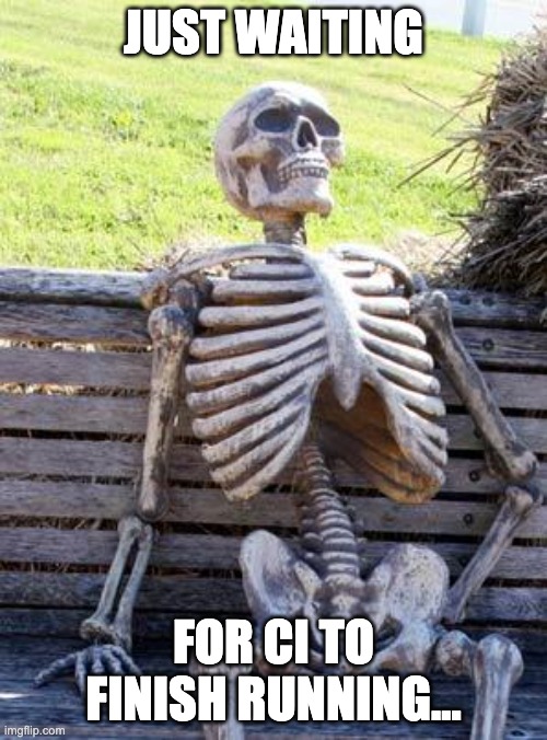 Software engineer just waiting for CI to finish running... | JUST WAITING; FOR CI TO FINISH RUNNING... | image tagged in memes,waiting skeleton | made w/ Imgflip meme maker