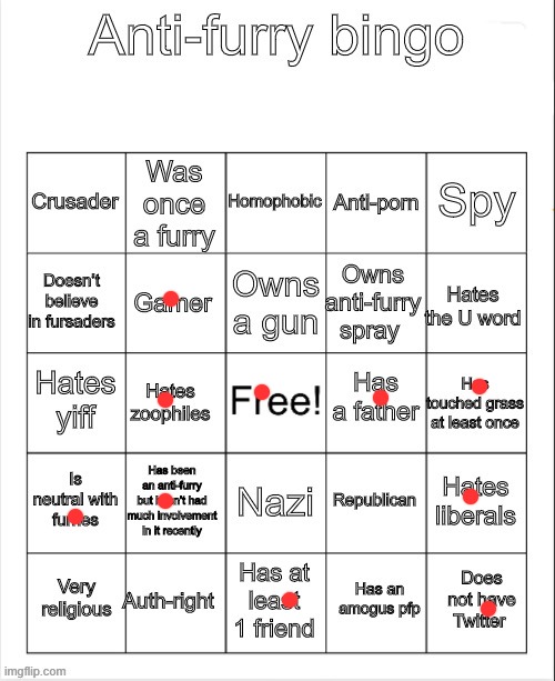 I'm on both sides... I am the netherlands with the furs / antifurs... what you gonna do? | image tagged in anti-furry bingo | made w/ Imgflip meme maker