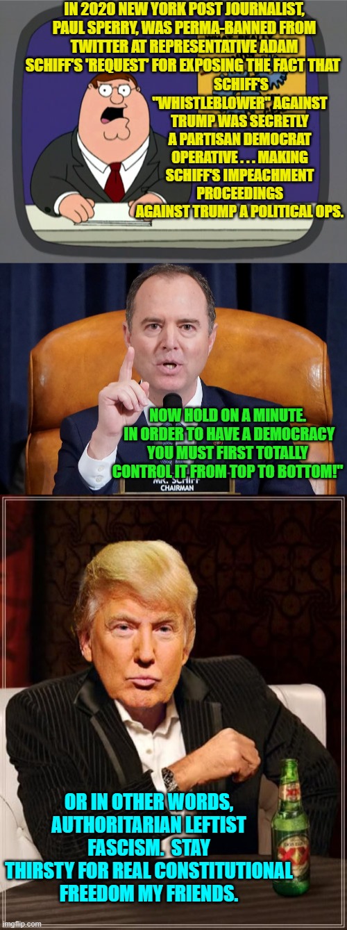 Psssst . . . leftists . . . are you finally figuring out that you've been manipulated? | IN 2020 NEW YORK POST JOURNALIST, PAUL SPERRY, WAS PERMA-BANNED FROM TWITTER AT REPRESENTATIVE ADAM SCHIFF'S 'REQUEST' FOR EXPOSING THE FACT THAT; SCHIFF'S "WHISTLEBLOWER" AGAINST TRUMP WAS SECRETLY A PARTISAN DEMOCRAT OPERATIVE . . . MAKING SCHIFF'S IMPEACHMENT PROCEEDINGS AGAINST TRUMP A POLITICAL OPS. NOW HOLD ON A MINUTE.  IN ORDER TO HAVE A DEMOCRACY YOU MUST FIRST TOTALLY CONTROL IT FROM TOP TO BOTTOM!"; OR IN OTHER WORDS, AUTHORITARIAN LEFTIST FASCISM.  STAY THIRSTY FOR REAL CONSTITUTIONAL FREEDOM MY FRIENDS. | image tagged in peter griffin news | made w/ Imgflip meme maker