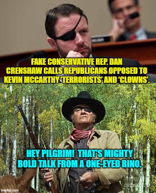 Sorry . . . low hanging fruit day. | FAKE CONSERVATIVE REP. DAN CRENSHAW CALLS REPUBLICANS OPPOSED TO KEVIN MCCARTHY ‘TERRORISTS’ AND ‘CLOWNS’. HEY PILGRIM!  THAT'S MIGHTY BOLD TALK FROM A ONE-EYED RINO. | image tagged in rooster cogburn | made w/ Imgflip meme maker