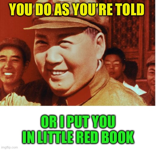 mao ze dong | YOU DO AS YOU’RE TOLD OR I PUT YOU IN LITTLE RED BOOK | image tagged in mao ze dong | made w/ Imgflip meme maker