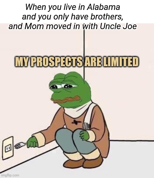 Alabama, keep it in the family | When you live in Alabama and you only have brothers, and Mom moved in with Uncle Joe; MY PROSPECTS ARE LIMITED | image tagged in sad pepe suicide,alabama,sisters,dark humor | made w/ Imgflip meme maker