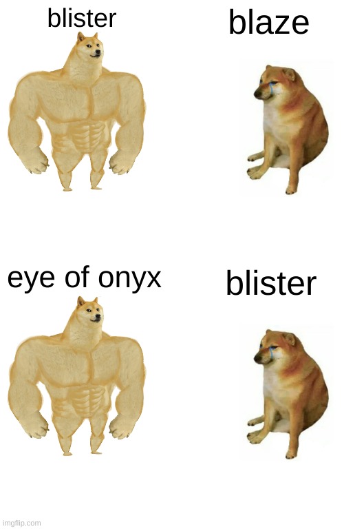 blister; blaze; eye of onyx; blister | image tagged in memes,buff doge vs cheems | made w/ Imgflip meme maker