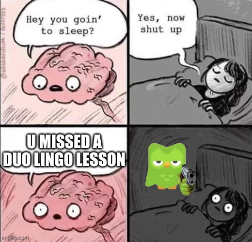 kids this is y u never miss a duolingo lesson | U MISSED A DUO LINGO LESSON | image tagged in waking up brain | made w/ Imgflip meme maker