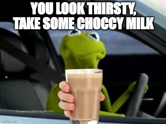 Take it like alice in wonderland. shewent throught the mirror | YOU LOOK THIRSTY, TAKE SOME CHOCCY MILK | image tagged in sad kermit | made w/ Imgflip meme maker