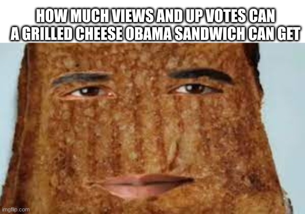 Grilled cheese Obama sandwich | HOW MUCH VIEWS AND UP VOTES CAN A GRILLED CHEESE OBAMA SANDWICH CAN GET | image tagged in grilled cheese,obama,sandwich | made w/ Imgflip meme maker