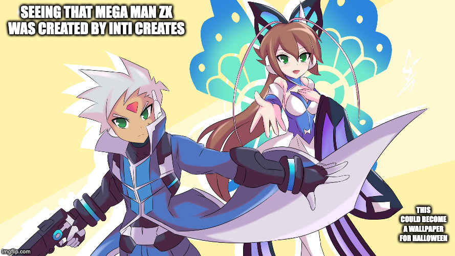 Grey and Aile in Gunvolt Costumes | SEEING THAT MEGA MAN ZX WAS CREATED BY INTI CREATES; THIS COULD BECOME A WALLPAPER FOR HALLOWEEN | image tagged in megaman,megaman zx,azure striker gunvolt,memes | made w/ Imgflip meme maker