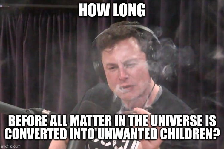 How long can I hold breath for | HOW LONG BEFORE ALL MATTER IN THE UNIVERSE IS
CONVERTED INTO UNWANTED CHILDREN? | image tagged in how long can i hold breath for | made w/ Imgflip meme maker