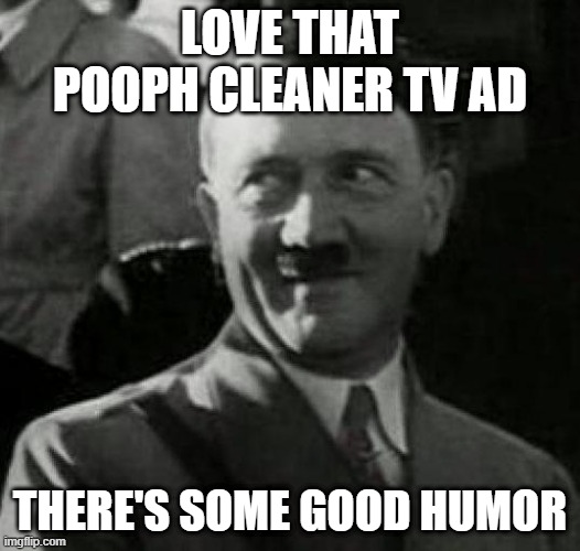 Pooph (tm) TV commercial | LOVE THAT POOPH CLEANER TV AD; THERE'S SOME GOOD HUMOR | image tagged in hitler laugh | made w/ Imgflip meme maker