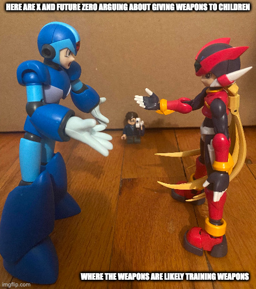 X and Future Zero in an Argument | HERE ARE X AND FUTURE ZERO ARGUING ABOUT GIVING WEAPONS TO CHILDREN; WHERE THE WEAPONS ARE LIKELY TRAINING WEAPONS | image tagged in megaman x,megaman,x,megaman zero,zero,memes | made w/ Imgflip meme maker