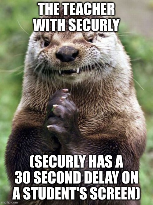 Evil Otter Meme | THE TEACHER WITH SECURLY (SECURLY HAS A 30 SECOND DELAY ON A STUDENT'S SCREEN) | image tagged in memes,evil otter | made w/ Imgflip meme maker