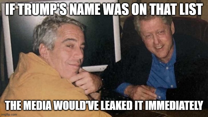 Epstein Clinton Memes | IF TRUMP'S NAME WAS ON THAT LIST THE MEDIA WOULD'VE LEAKED IT IMMEDIATELY | image tagged in epstein clinton memes | made w/ Imgflip meme maker