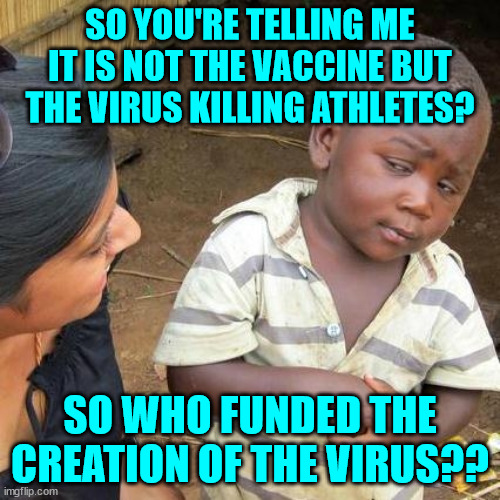 So Big Pharma isn't responsible... it's the 0bama/Biden regime that is... | SO YOU'RE TELLING ME IT IS NOT THE VACCINE BUT THE VIRUS KILLING ATHLETES? SO WHO FUNDED THE CREATION OF THE VIRUS?? | image tagged in memes,third world skeptical kid,covid,psychopaths and serial killers | made w/ Imgflip meme maker