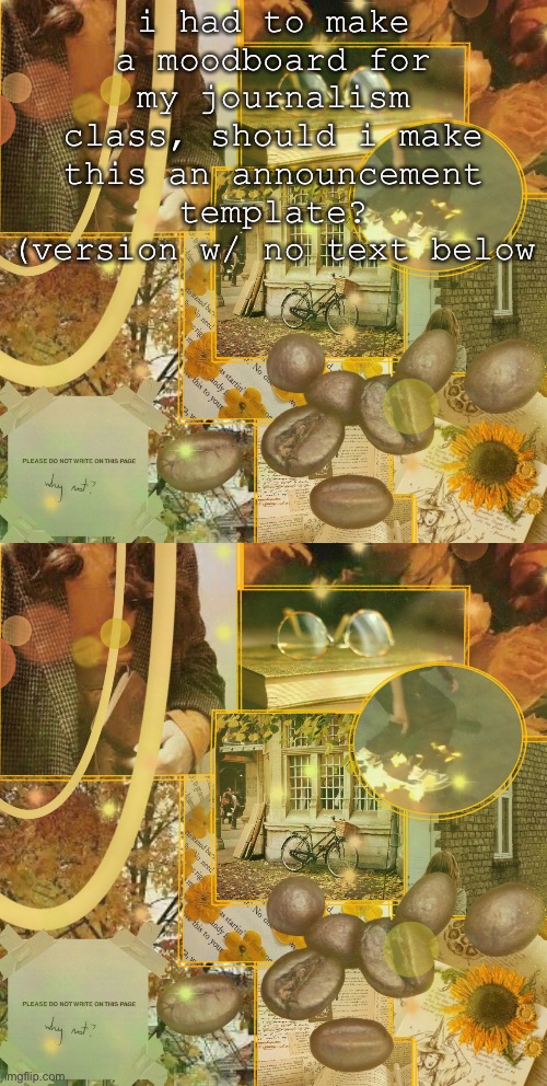 i had to make a moodboard for my journalism class, should i make this an announcement template? (version w/ no text below | made w/ Imgflip meme maker