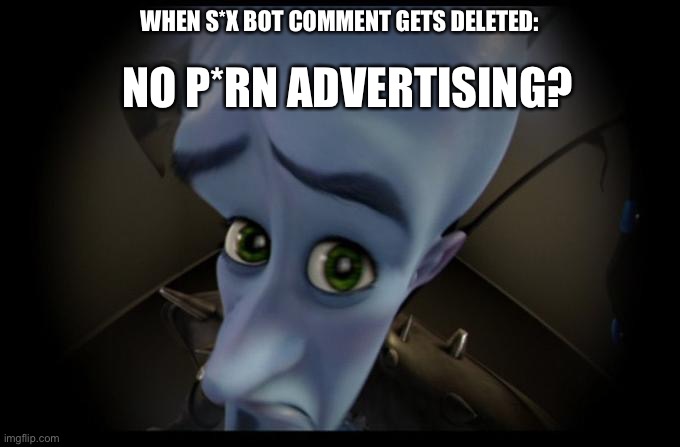 no **** advertising? (Credits to I-likeMemes) |  NO P*RN ADVERTISING? WHEN S*X BOT COMMENT GETS DELETED: | image tagged in no b es | made w/ Imgflip meme maker
