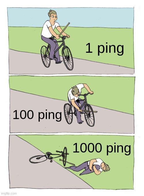 Bike Fall | 1 ping; 100 ping; 1000 ping | image tagged in memes,bike fall | made w/ Imgflip meme maker