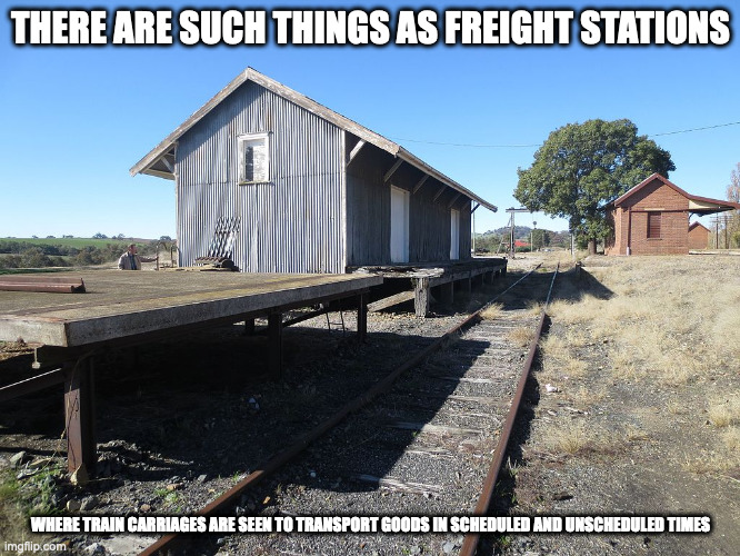 Goods Station | THERE ARE SUCH THINGS AS FREIGHT STATIONS; WHERE TRAIN CARRIAGES ARE SEEN TO TRANSPORT GOODS IN SCHEDULED AND UNSCHEDULED TIMES | image tagged in station,public transport,memes | made w/ Imgflip meme maker